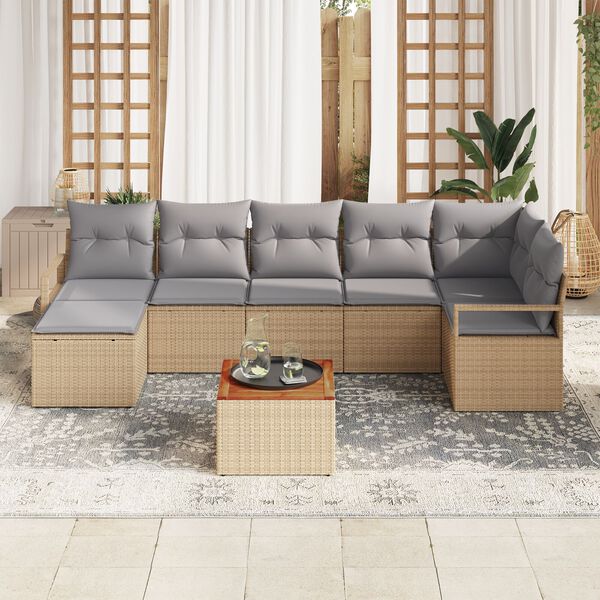 Canapés de Jardin 8 Pièces avec Coussins Beige Rattan Poly Acacia