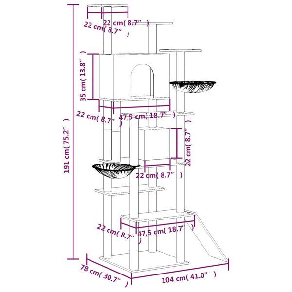 vidaXL Arbre à chat avec griffoirs en sisal Gris clair 191 cm