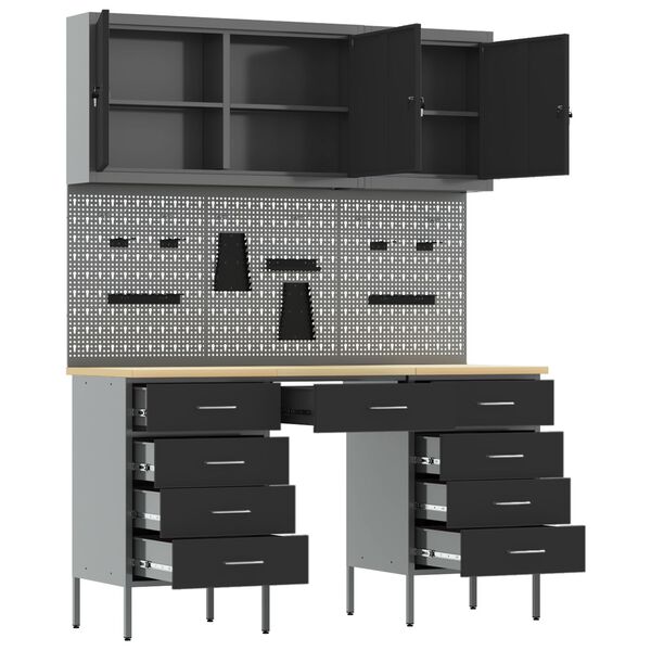 vidaXL Kit de Cabane de Rangement et de Panneau avec Crochets de 8 Pièces Noir MDF et Métal